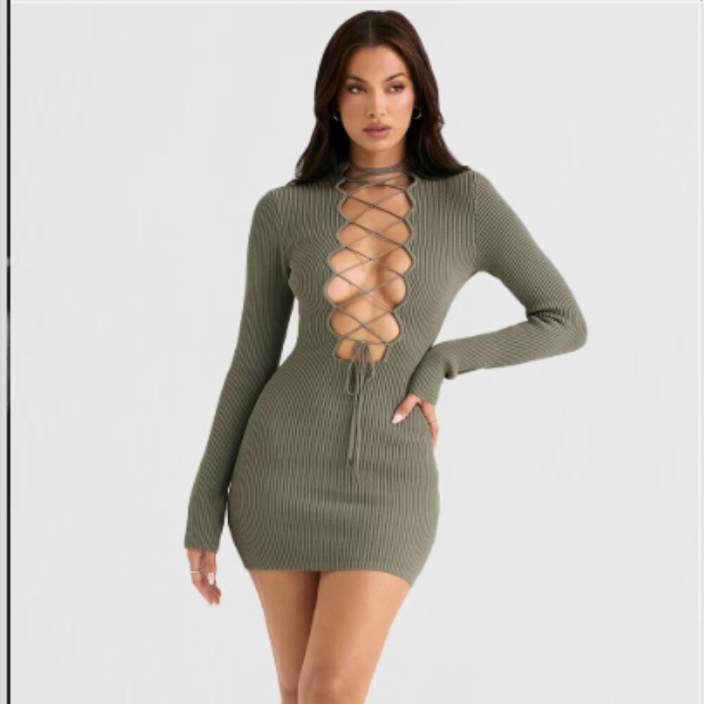NWT HOUSE OF CB Jada lace-up knitted mini dress - Picture 7 of 8